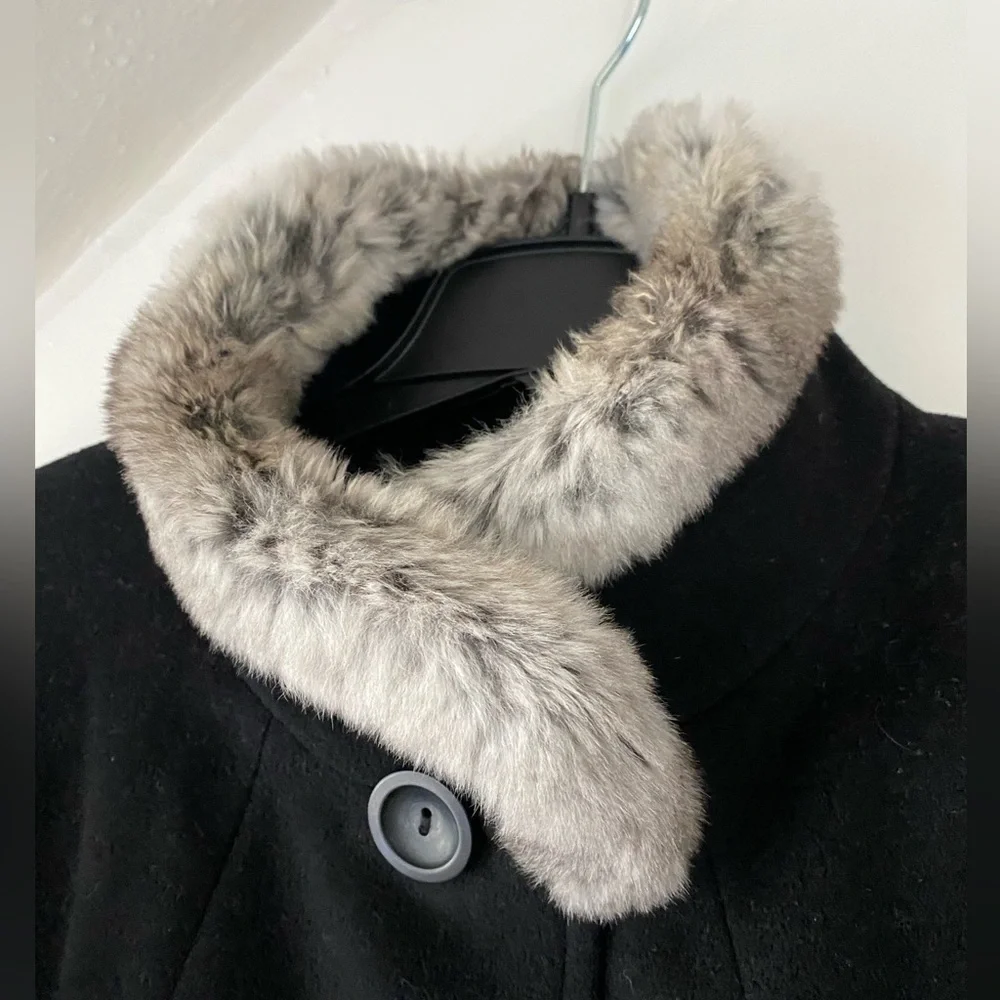 Cinzia Rocca Due Black Wool Cashmere Gray Rabbit Fur Collar Size 6